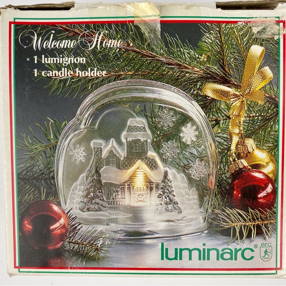 Luminarc etched glass candle holder, vintage 1991 Welcome Home winter scene